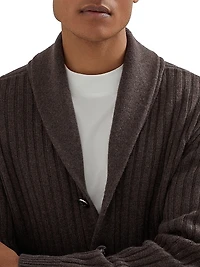 Cashmere Flat Rib Cardigan with Metal Buttons