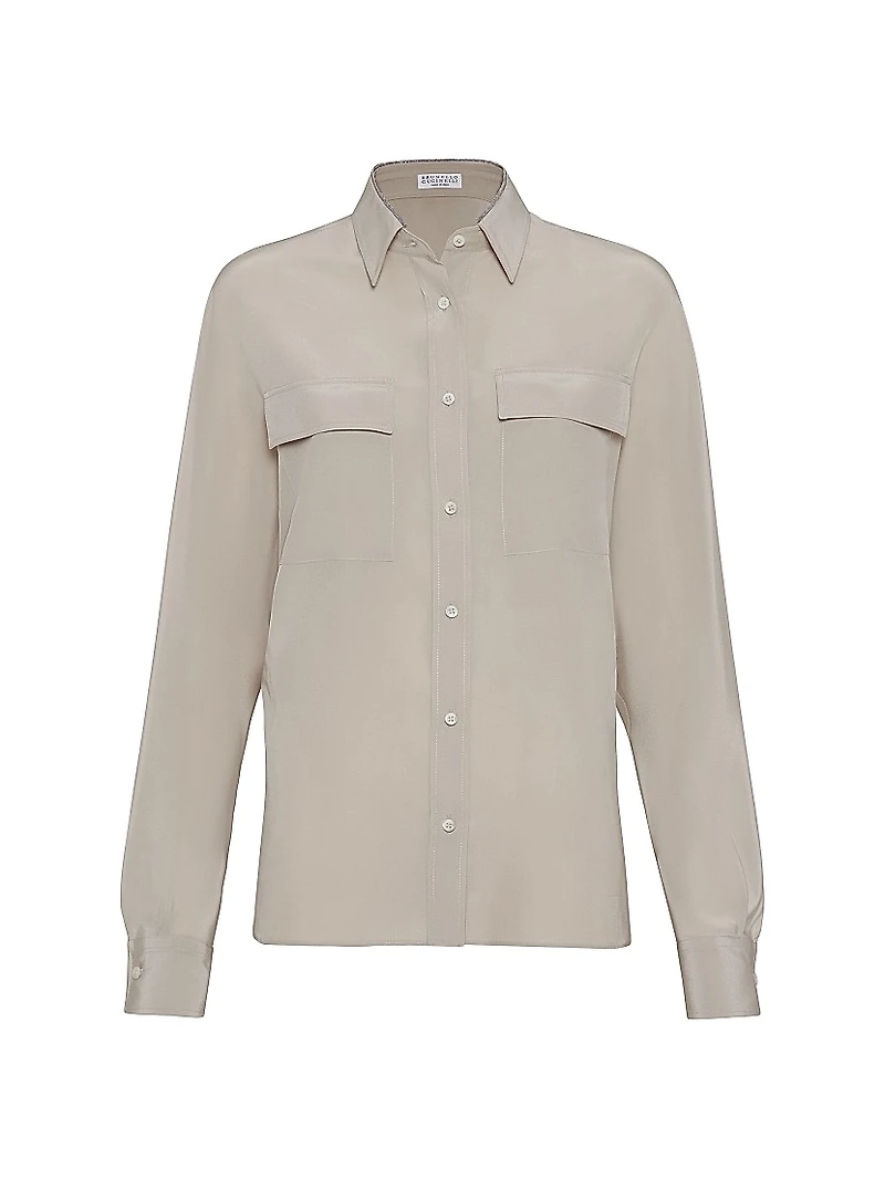 Silk Crêpe De Chine Shirt with Shiny Collar Detail