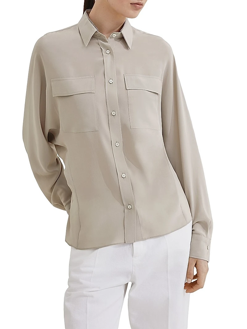 Silk Crêpe De Chine Shirt with Shiny Collar Detail