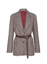 Wool and Alpaca Houndstooth Blazer with Leather Belt Monili