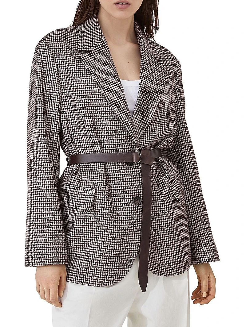 Wool and Alpaca Houndstooth Blazer with Leather Belt Monili