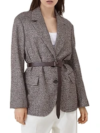 Wool and Alpaca Houndstooth Blazer with Leather Belt Monili