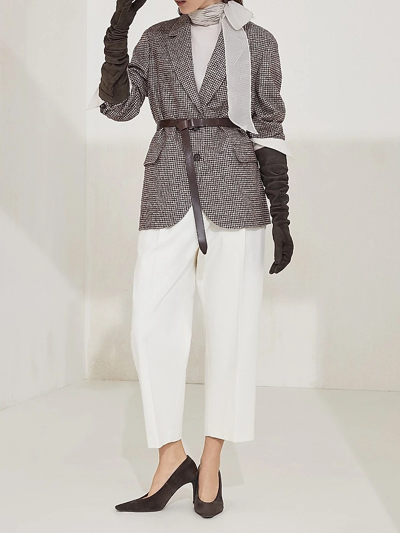 Wool and Alpaca Houndstooth Blazer with Leather Belt Monili