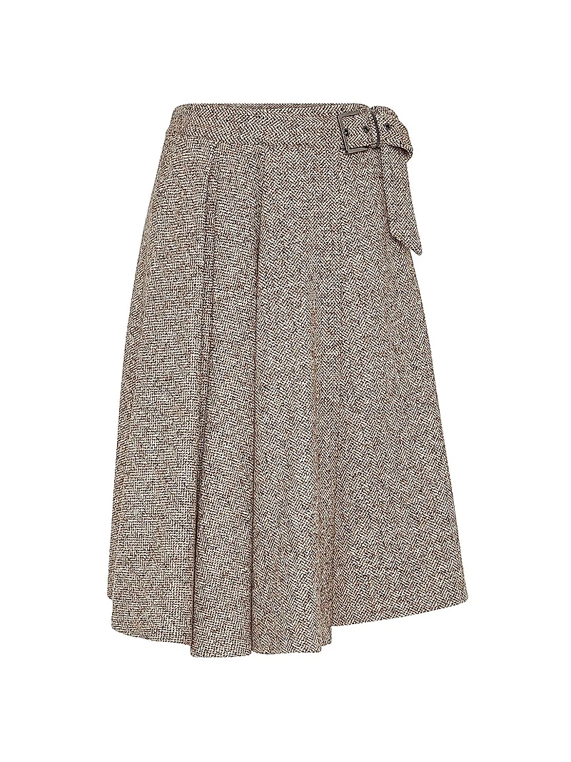 Flecked Virgin Wool and Silk Chevron Kilt Skirt with Monili