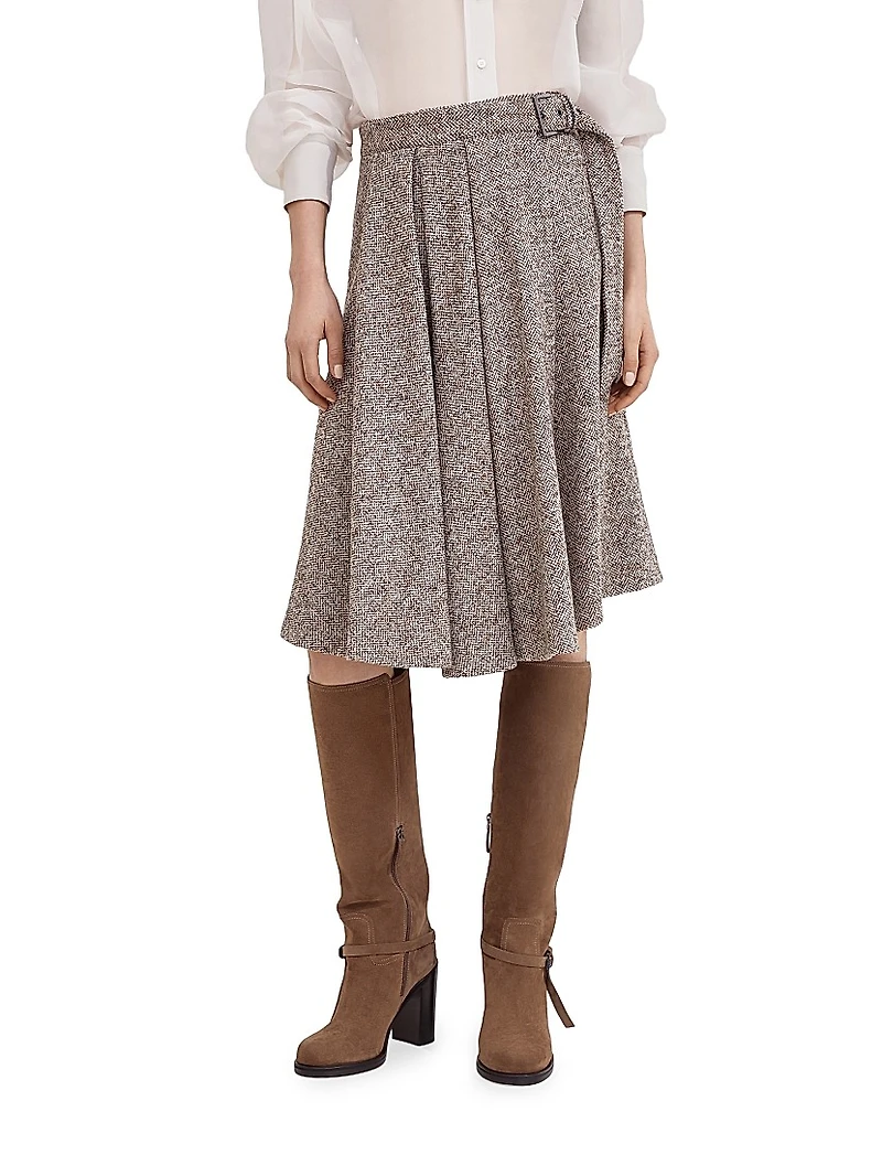 Flecked Virgin Wool and Silk Chevron Kilt Skirt with Monili