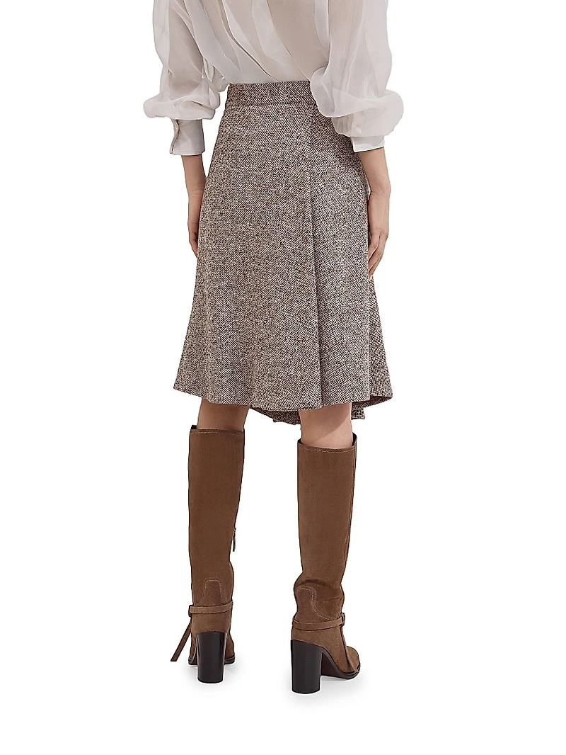 Flecked Virgin Wool and Silk Chevron Kilt Skirt with Monili