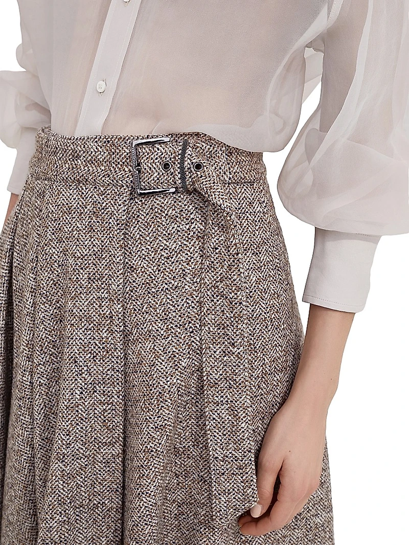 Flecked Virgin Wool and Silk Chevron Kilt Skirt with Monili