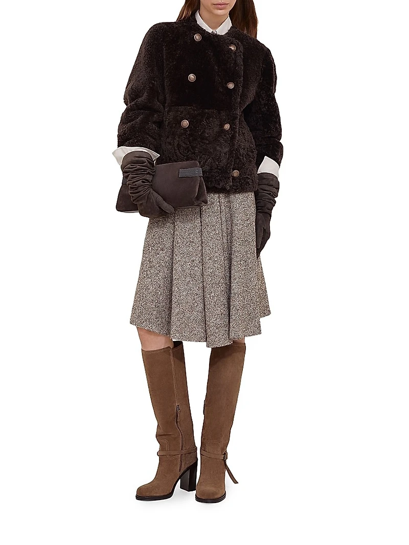 Flecked Virgin Wool and Silk Chevron Kilt Skirt with Monili