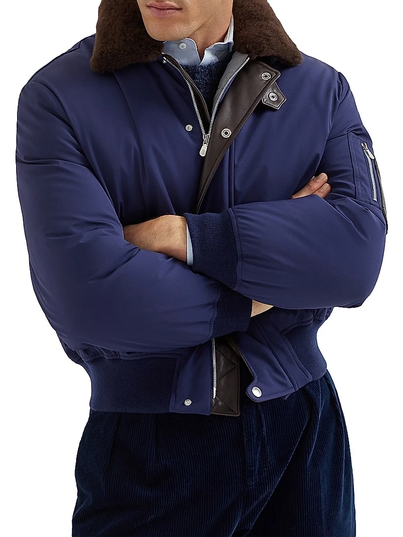 Stretch Bonded Nylon Down Jacket with Shearling Lined Collar