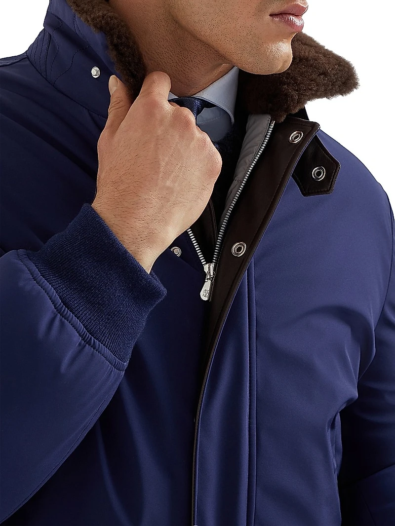 Stretch Bonded Nylon Down Jacket with Shearling Lined Collar