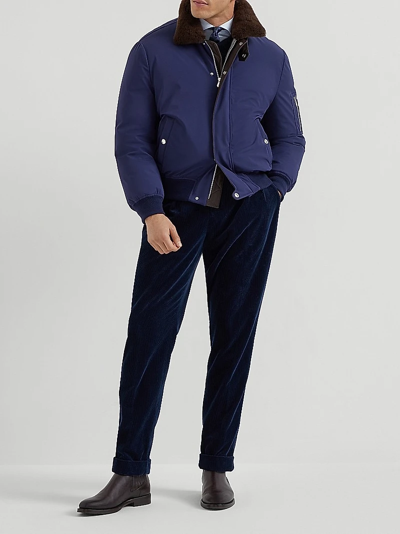 Stretch Bonded Nylon Down Jacket with Shearling Lined Collar