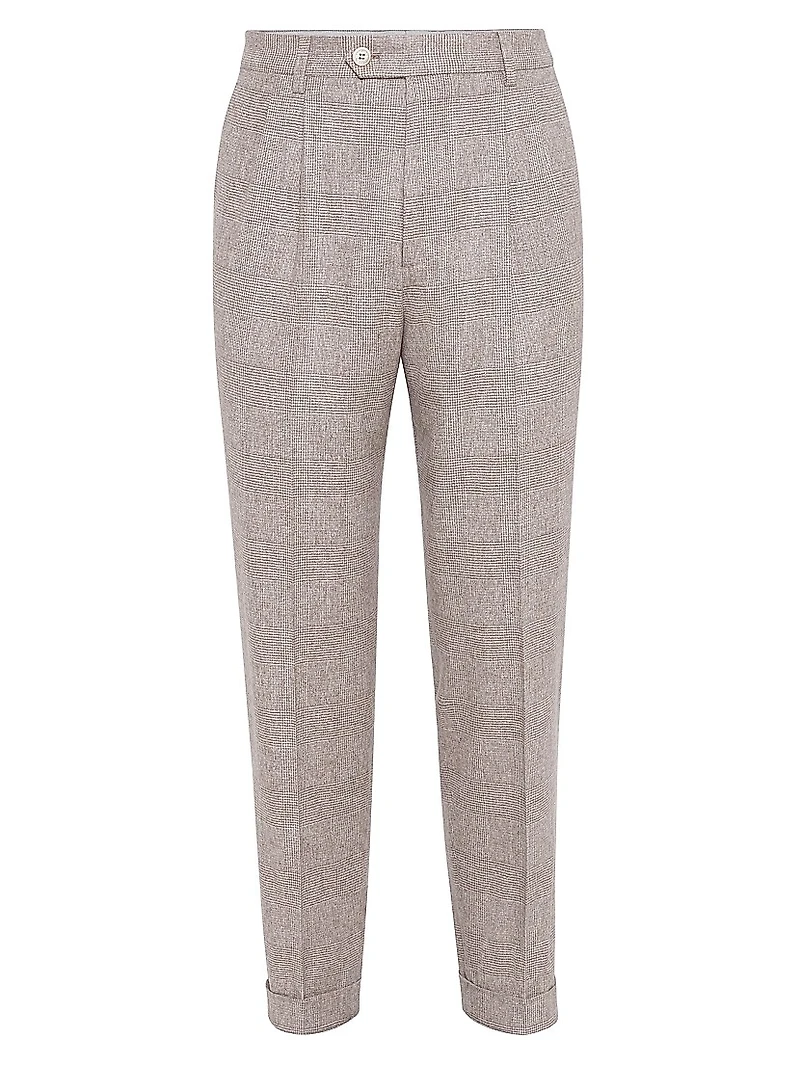 Prince of Wales Flannel Leisure Fit Trousers with Double Pleats