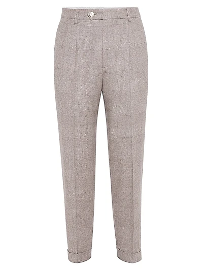 Prince of Wales Flannel Leisure Fit Trousers with Double Pleats