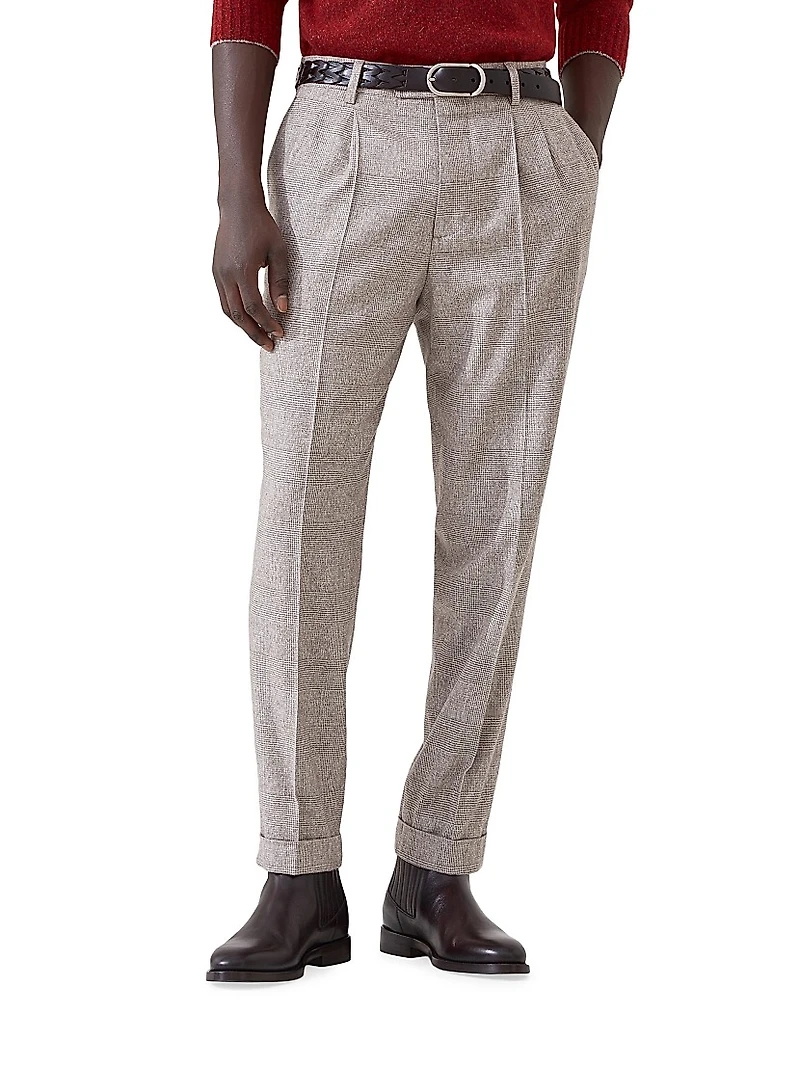 Prince of Wales Flannel Leisure Fit Trousers with Double Pleats
