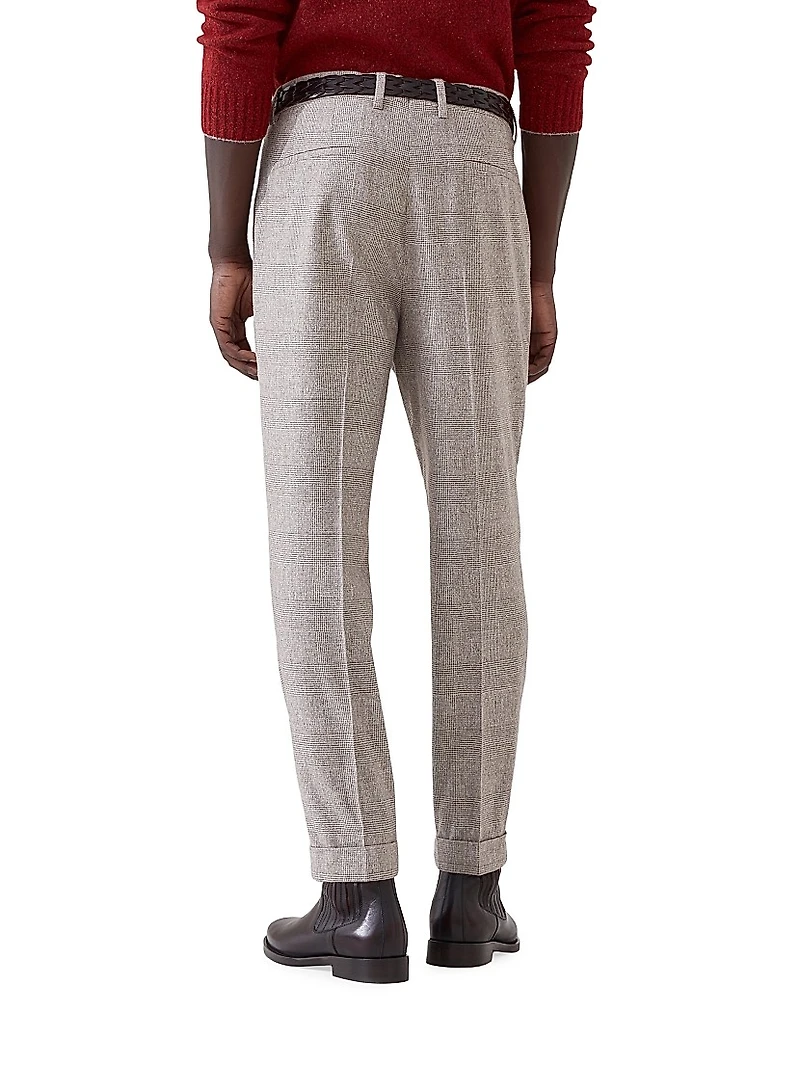 Prince of Wales Flannel Leisure Fit Trousers with Double Pleats