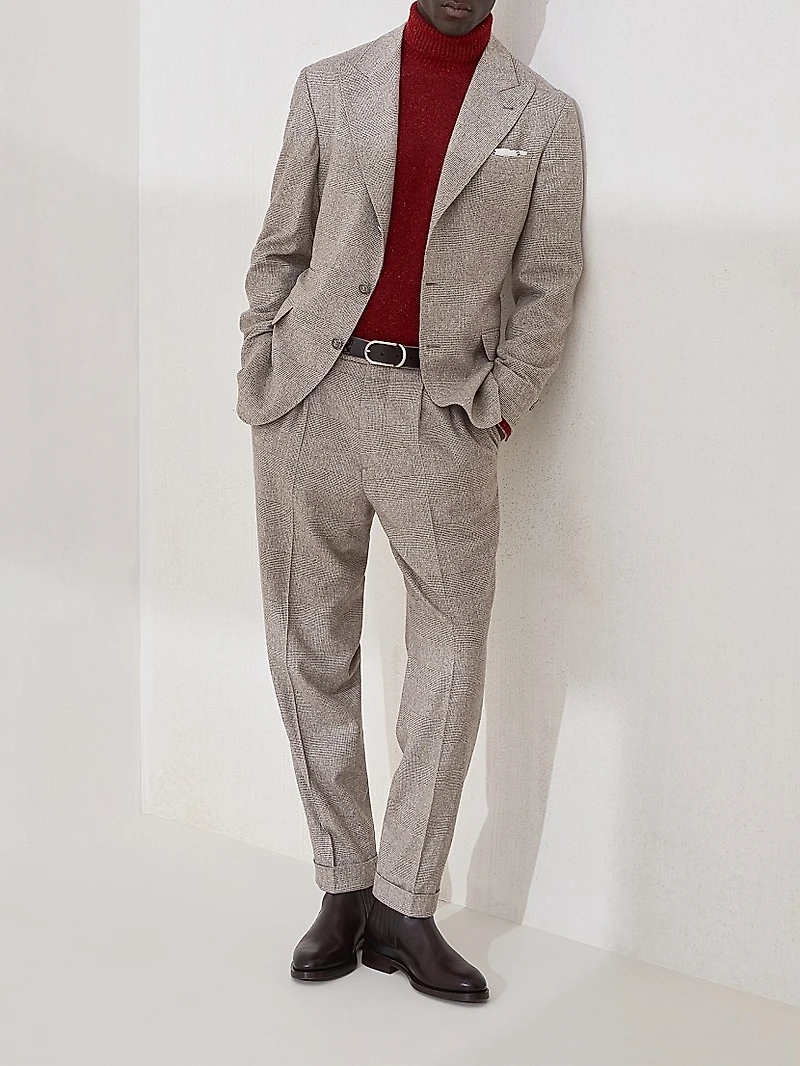 Prince of Wales Flannel Leisure Fit Trousers with Double Pleats