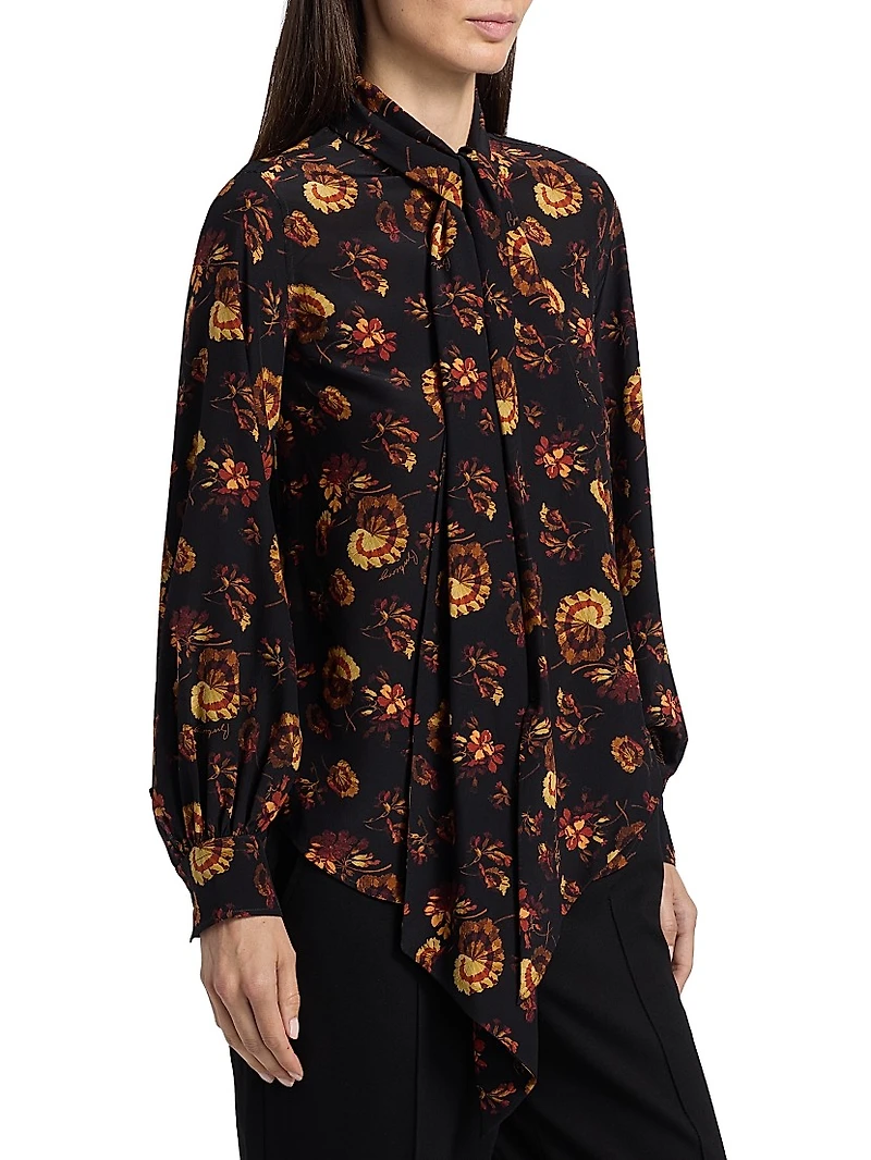 Lina Floral Silk Tie-Neck Blouse