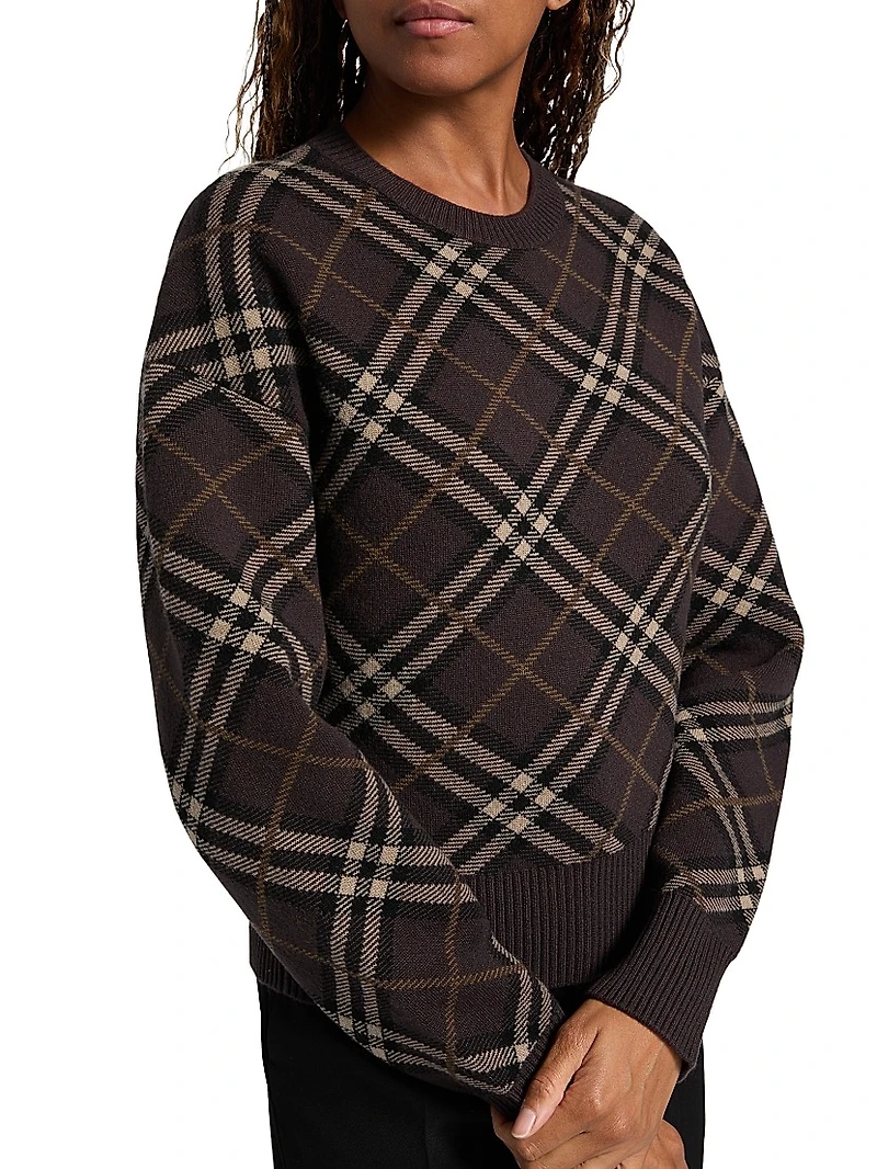 Gillian Check Stretch Wool-Cashmere Crewneck Sweater