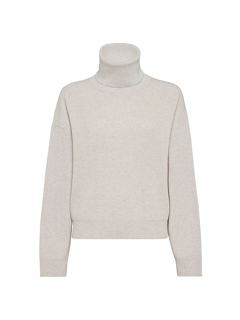 Virgin Wool Cashmere and Silk English Rib Turtleneck Sweater