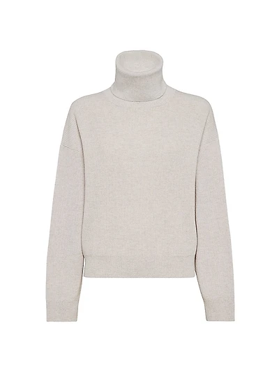 Virgin Wool Cashmere and Silk English Rib Turtleneck Sweater