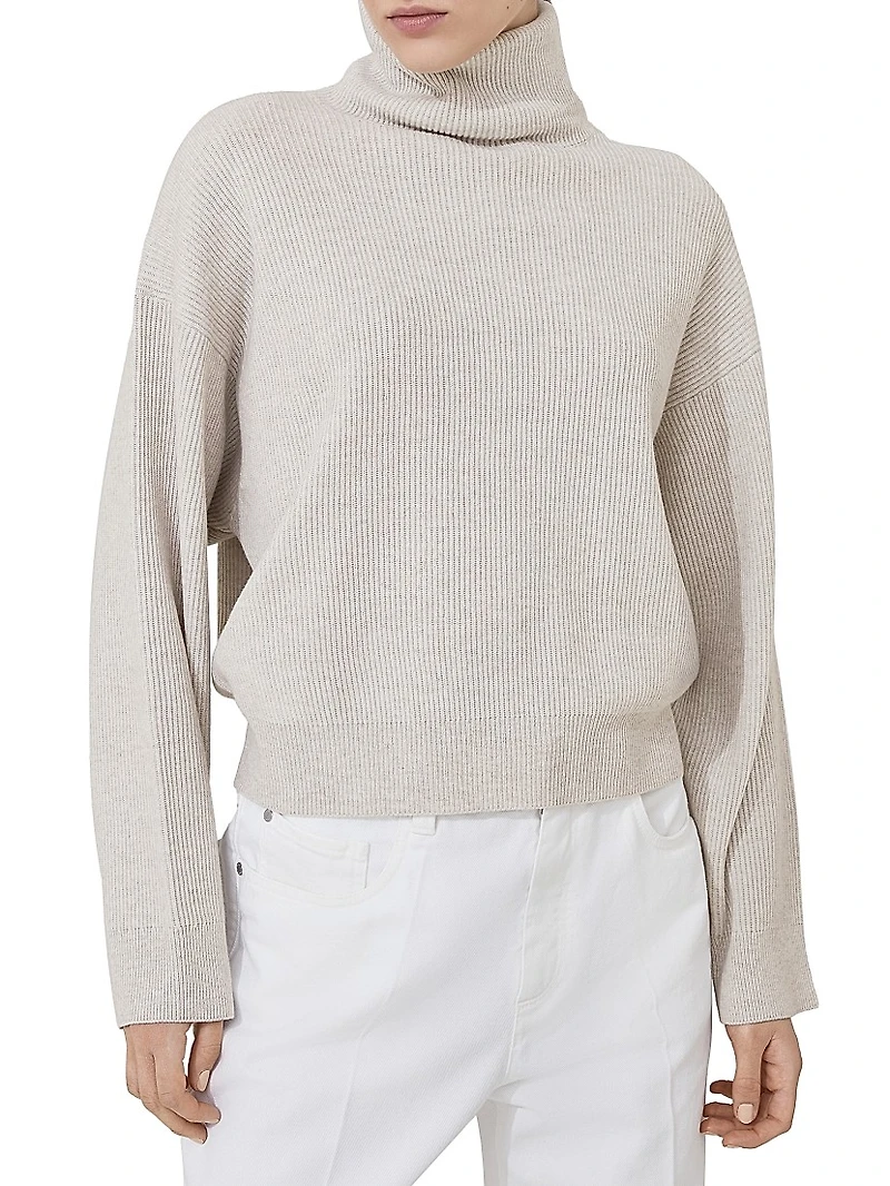 Virgin Wool Cashmere and Silk English Rib Turtleneck Sweater