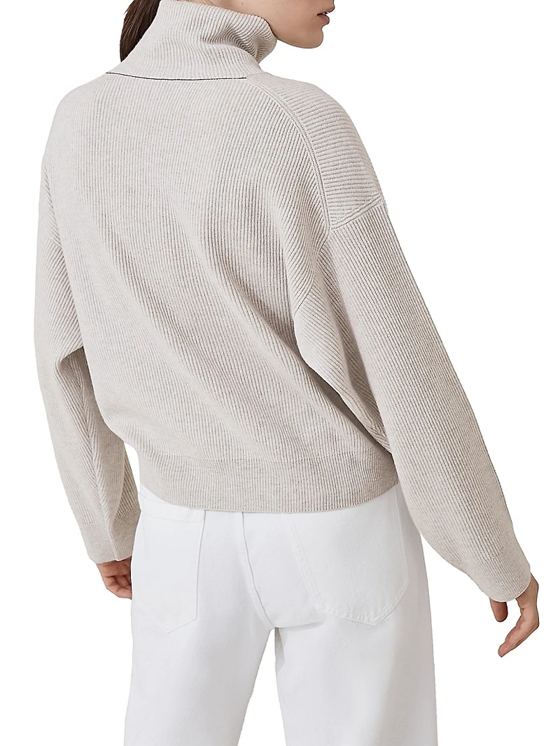 Virgin Wool Cashmere and Silk English Rib Turtleneck Sweater