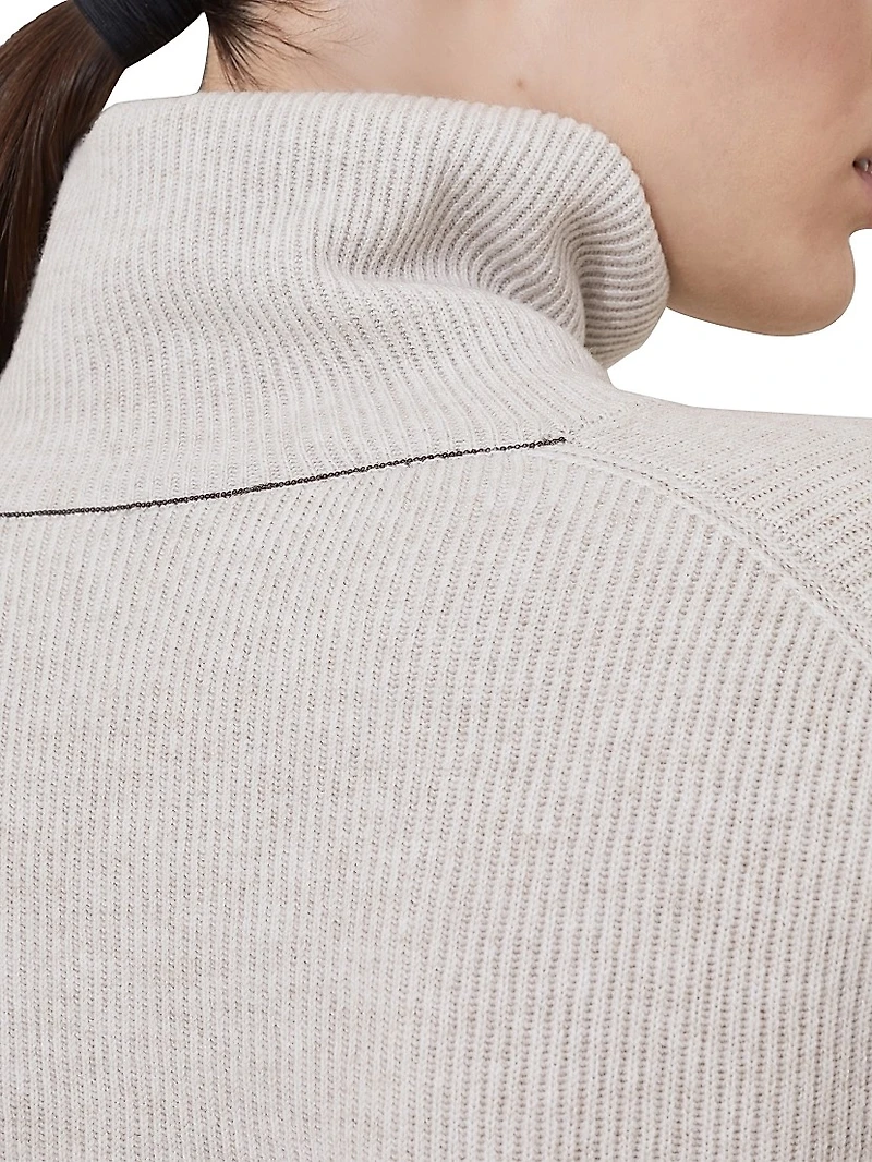Virgin Wool Cashmere and Silk English Rib Turtleneck Sweater
