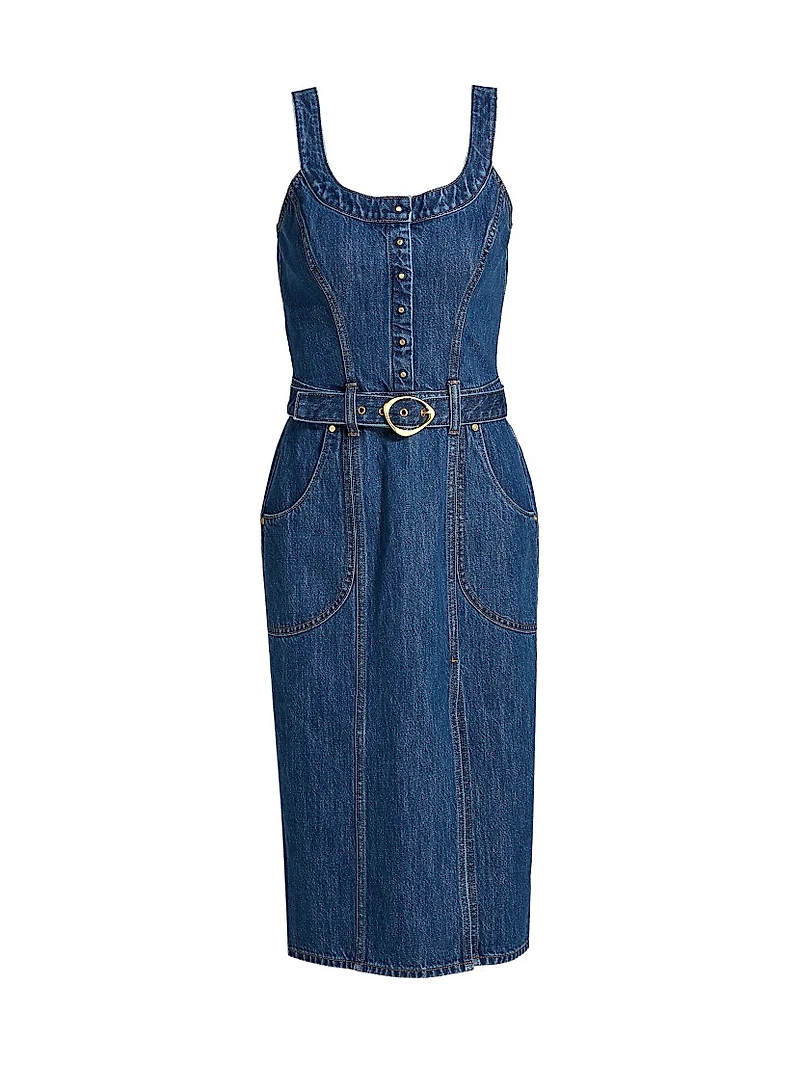 Scoopneck Belted Denim Midi-Dress