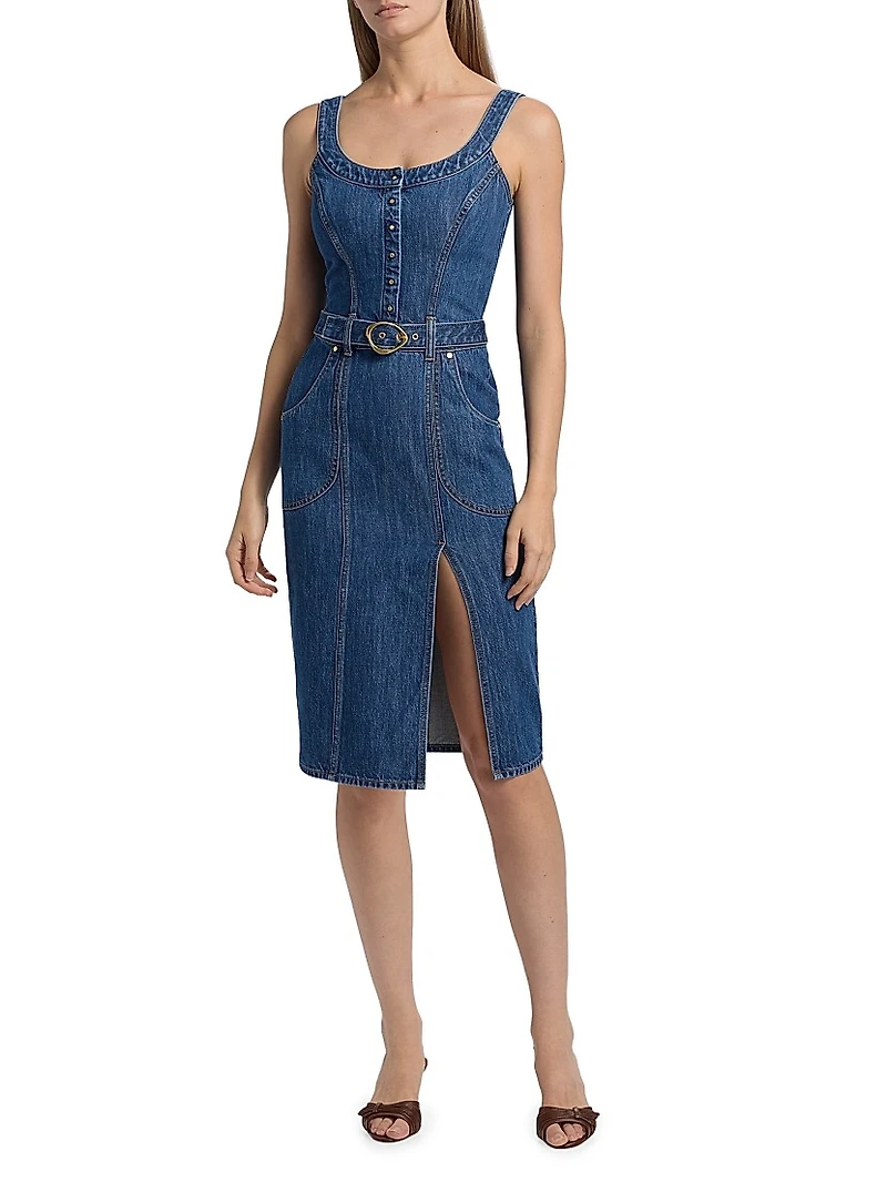 Scoopneck Belted Denim Midi-Dress