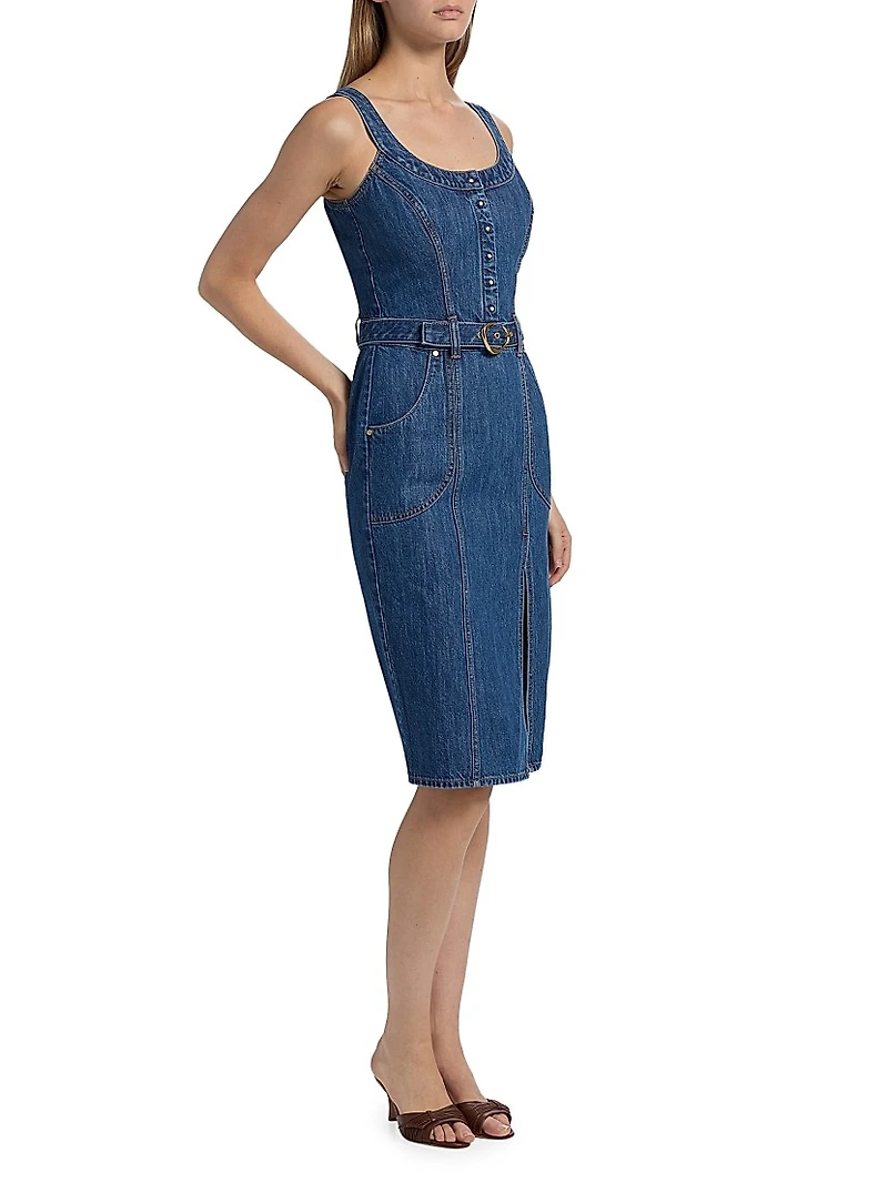 Scoopneck Belted Denim Midi-Dress