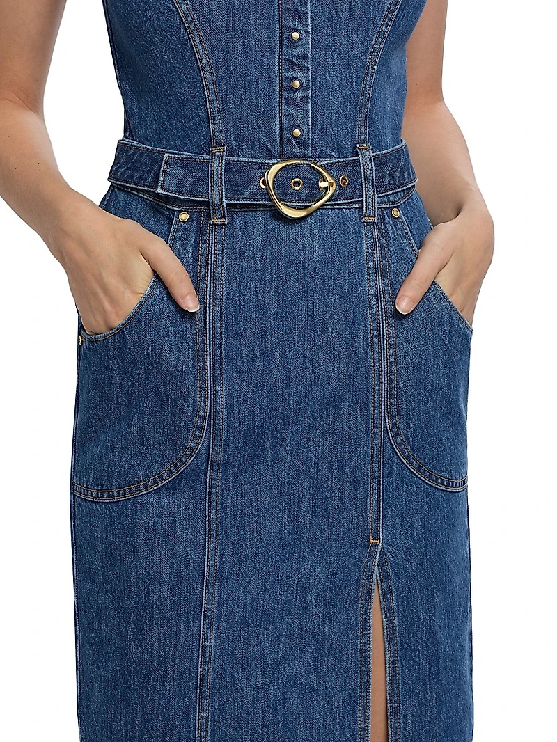 Scoopneck Belted Denim Midi-Dress