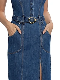 Scoopneck Belted Denim Midi-Dress