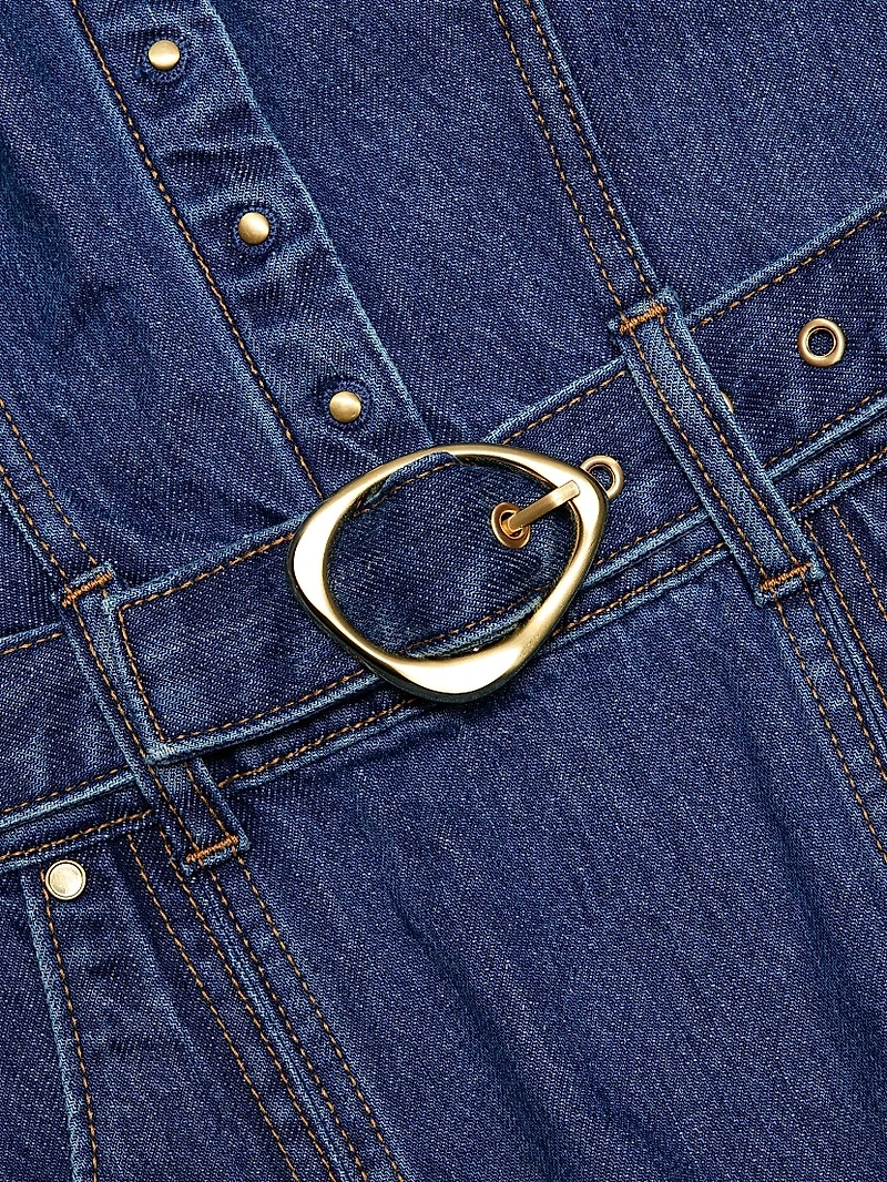Scoopneck Belted Denim Midi-Dress