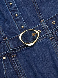 Scoopneck Belted Denim Midi-Dress