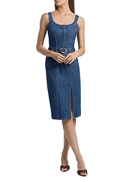 Scoopneck Belted Denim Midi-Dress
