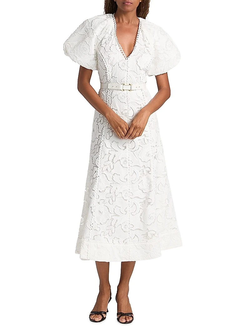 Ginger Embroidered Puff-Sleeve Midi-Dress