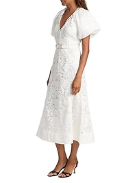 Ginger Embroidered Puff-Sleeve Midi-Dress