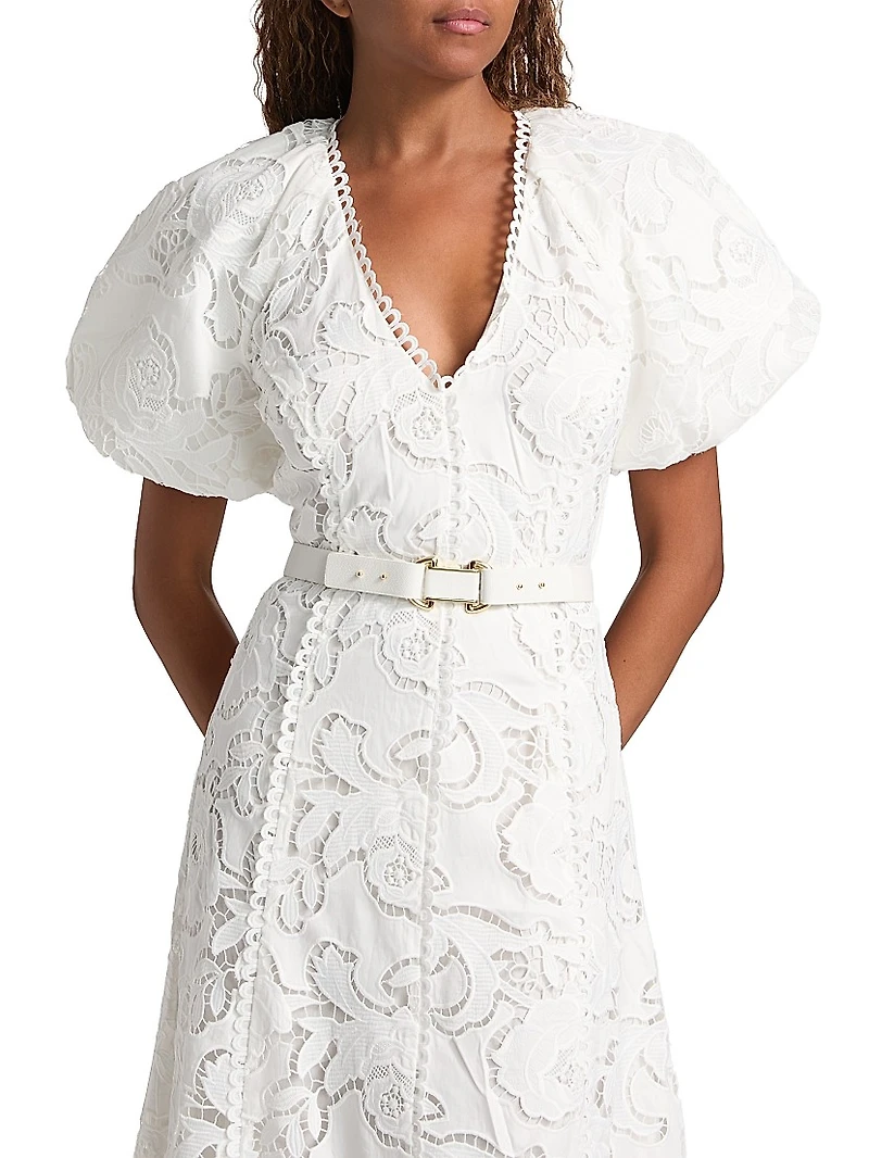 Ginger Embroidered Puff-Sleeve Midi-Dress