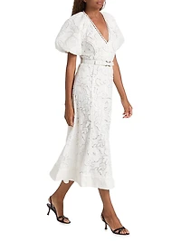 Ginger Embroidered Puff-Sleeve Midi-Dress
