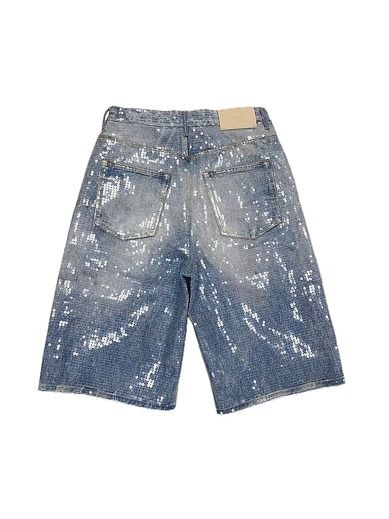 Sequined Cotton Denim Wide-Leg Shorts