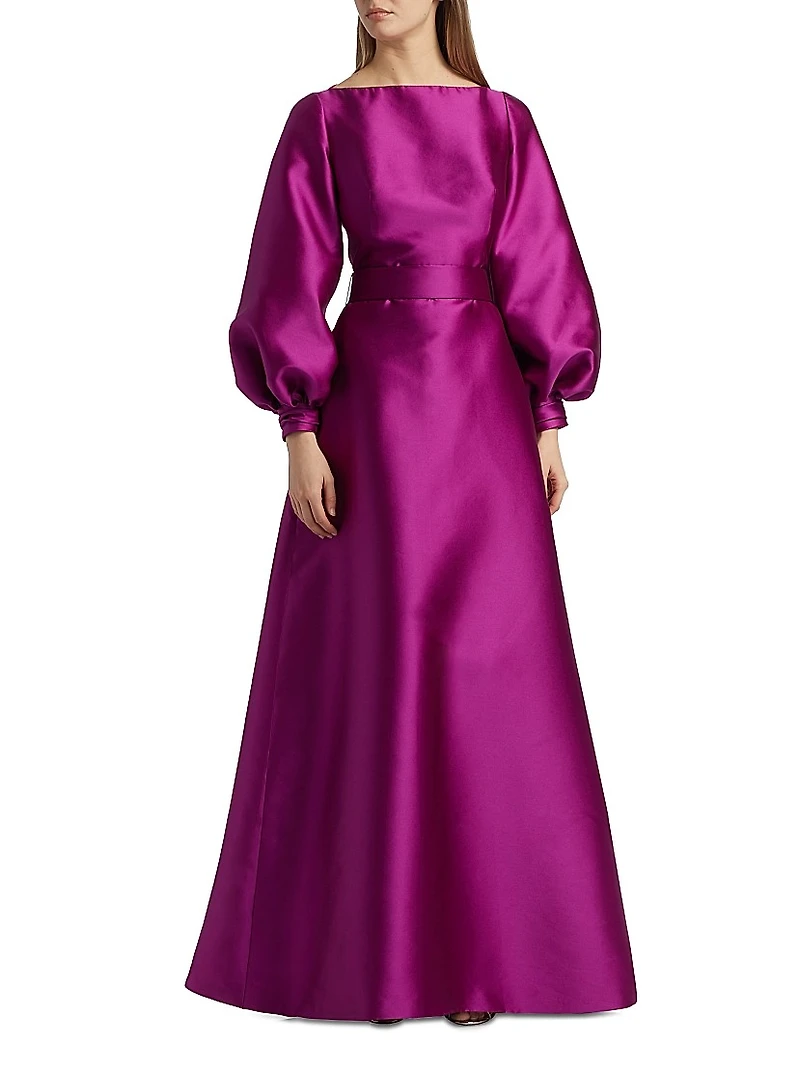 Satin Balloon-Sleeve A-Line Gown