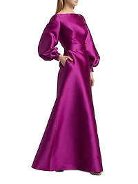 Satin Balloon-Sleeve A-Line Gown