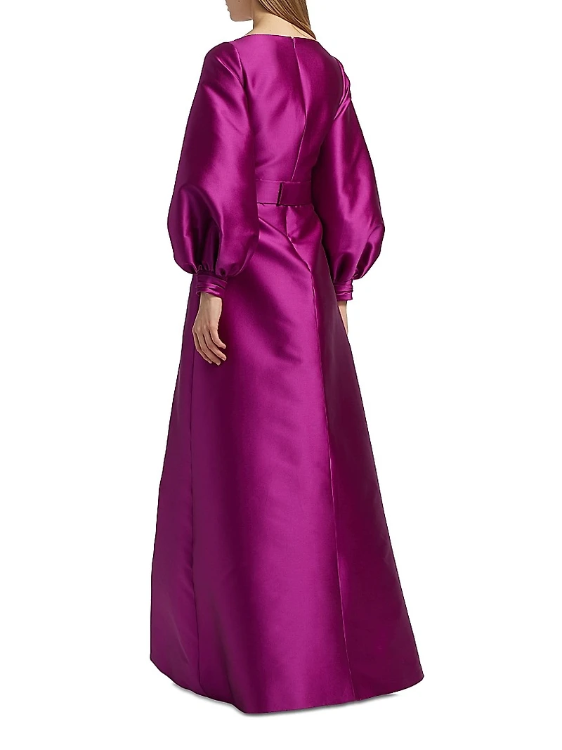 Satin Balloon-Sleeve A-Line Gown