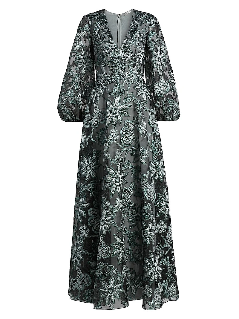 Floral Embroidered Bishop-Sleeve Gown