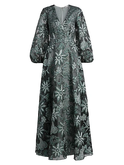 Floral Embroidered Bishop-Sleeve Gown