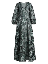 Floral Embroidered Bishop-Sleeve Gown