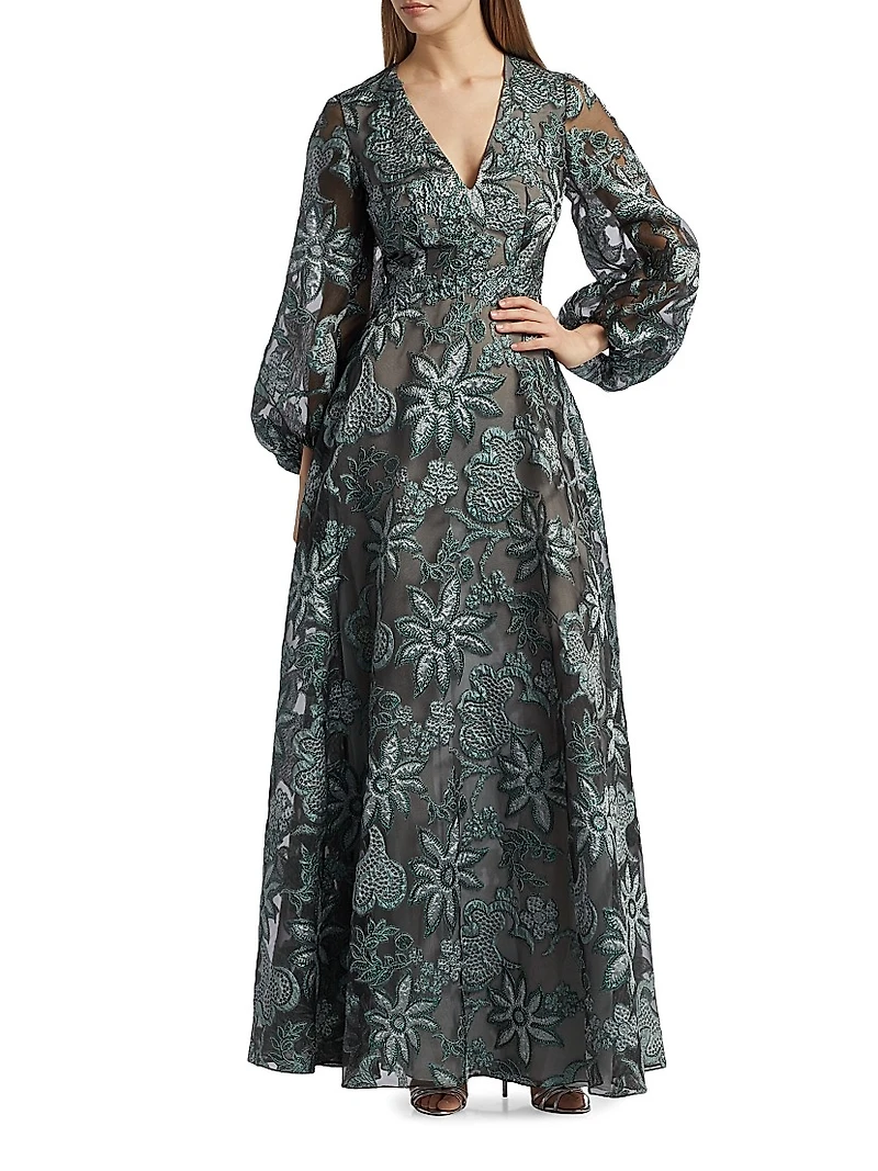 Floral Embroidered Bishop-Sleeve Gown
