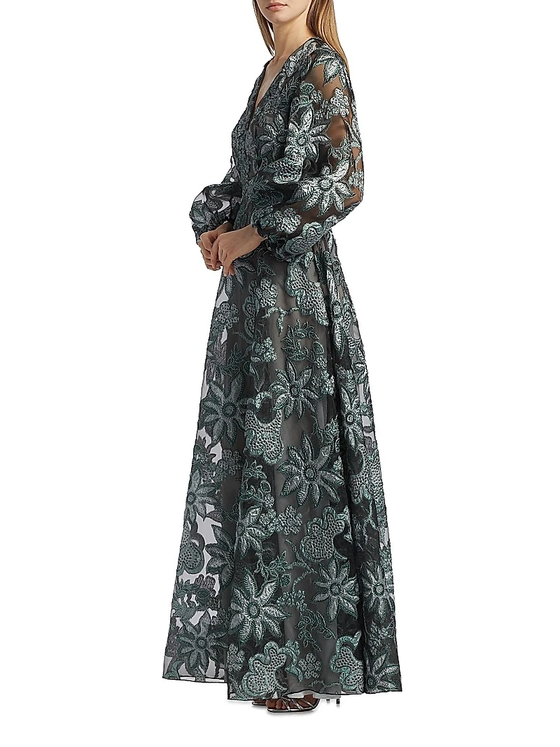 Floral Embroidered Bishop-Sleeve Gown