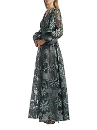 Floral Embroidered Bishop-Sleeve Gown