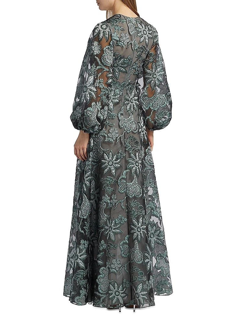 Floral Embroidered Bishop-Sleeve Gown